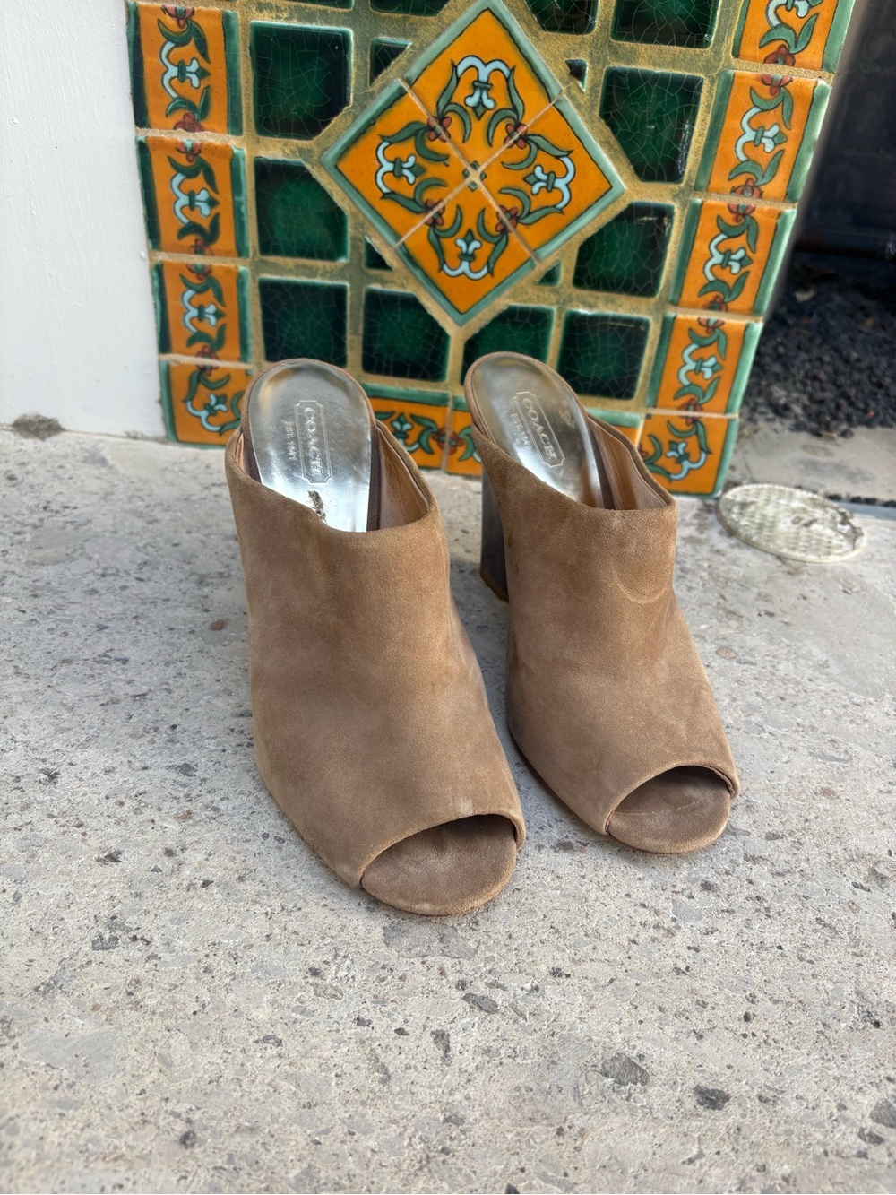 Coach Tan Suede Peep-Toe Mule Heels